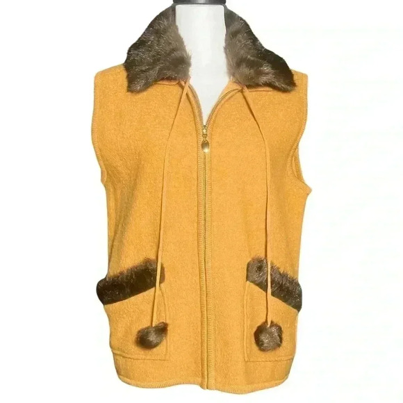 Vintage 90s Mustard 100% Boiled Wool Brown Faux Fur Collar Vest. Size Medium EUC - Picture 1 of 9